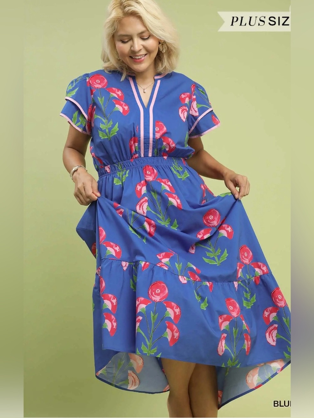 New! Umgee Plus Size Floral Blossom Meadow Print Pedal Sleeve Midi Dress Size XL